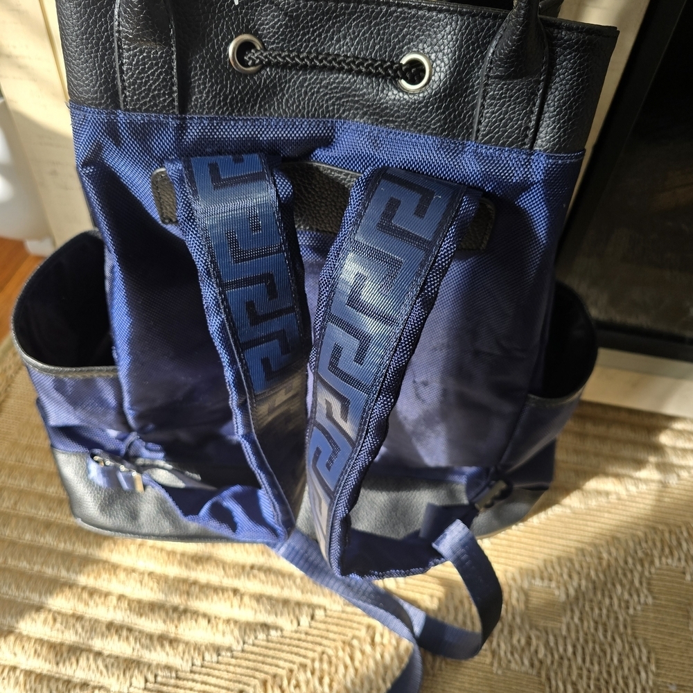 Versace Navy and Black Drawstring Backpack with Front Zip Pocket - Picture 4 of 10